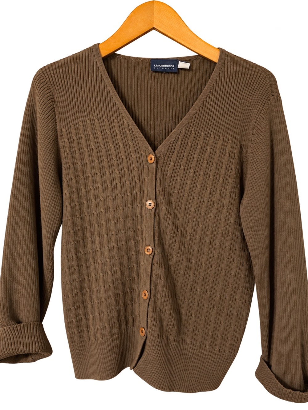 Liz Claiborne Vintage Brown Cable-Knit V-Neck Cardigan Sweater